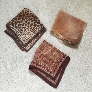 Lot Bundle 3 brown square scarves, 2 animal print 1 paisley, all excellent cond